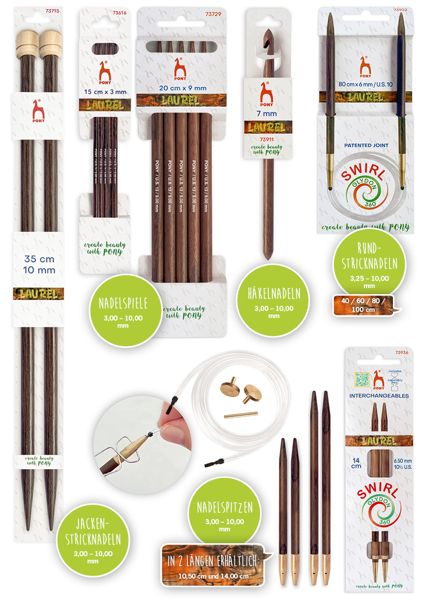 PONY Laurel Jackenstricknadel, Nadelspiele, Rundstricknadel, Nadelspitzen, Häkelnadel